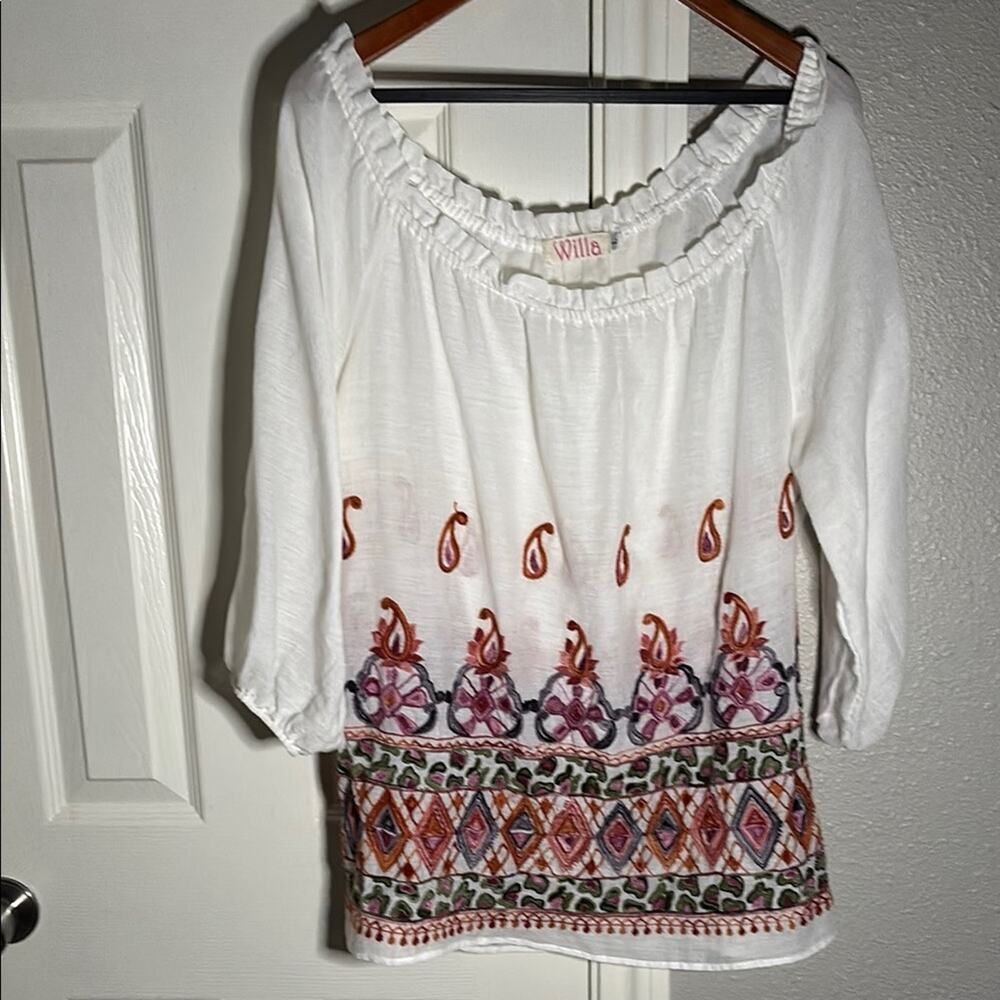 Willa Peasant Boho Top - Size Large, Embroidered Details